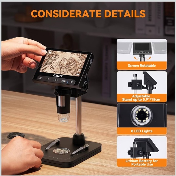 Elikliv Microscope LCD Digital 1000x with 8 Adjustable LED Lights—EDM4 4.3-Inch - Picture 5 of 9